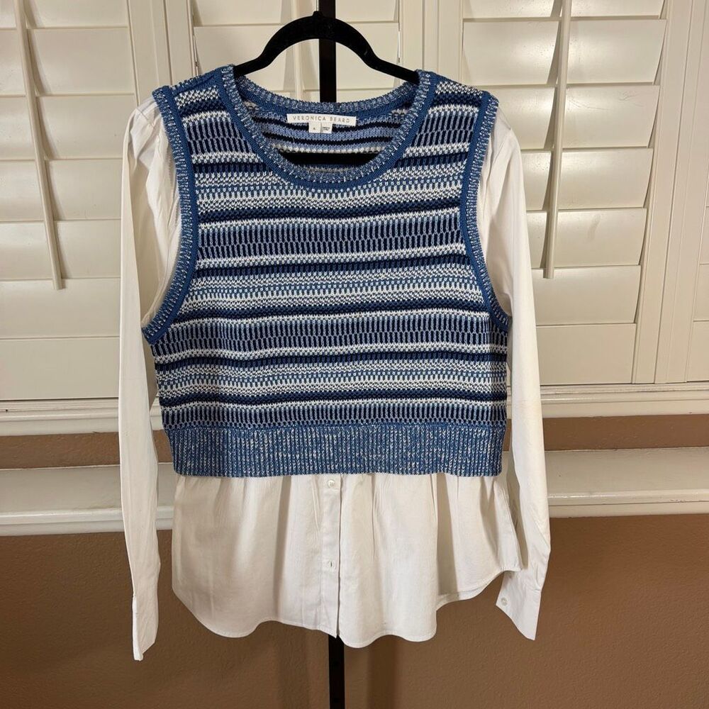 Veronica Beard Esphera Mixed Media Blue Sweater Sz XL Knit Classic Preppy Chic